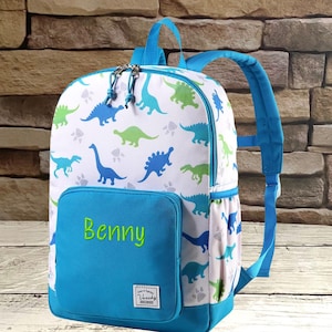 Kinderrucksack, personalisierter Rucksack, Kindergarten, Elementarrucksack, weißer Rucksack, Campingrucksack, Dinosaurierrucksack, türkiser Dino