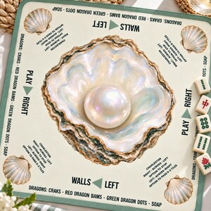Austernperlen-Mahjongmatte mit Anleitung, Muscheldesign, Salbeigrün und Creme, amerikanische Mahjong-Spielmatte, Geschenk für Strandliebhaber