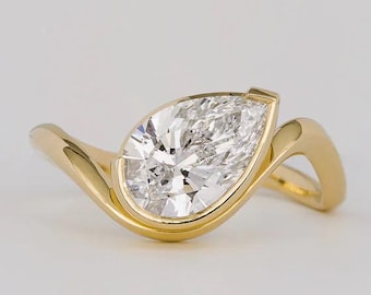1.25 CT Pear Moissanite Wave Engagement Ring, Unique Bypass Curved Wedding Ring, 14K Gold Teardrop Promise Ring, Contemporary Bridal Jewelry