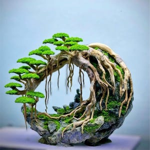 Könnte beinhalten: Eine Bonsai-Baumskulptur mit kreisförmigem Design. Der Baum hat leuchtend grüne Blätter und freiliegende Wurzeln, die auf eine Steinbasis herabfallen. Eine kleine Statue einer meditierenden Figur befindet sich in der Skulptur.