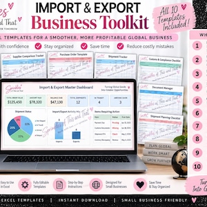 May include: An Import & Export Business Toolkit featuring 10 Excel templates displayed on a laptop screen. The dashboard shows data for total order value, shipments, and status. A list of included templates is on the right, and a black mug is on the left.
