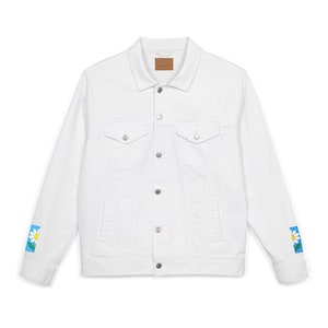 Embroidered Unisex Denim Jacket, Positive Expression, Casual Jacket for Everyday Wear, Floral Fashion, Jean Jacket, White, Black, Blue