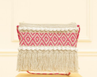 Pink Pom Pom Square Crossbody | Boho | Fair Trade Bag  display picture 1