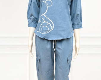 Cargo Set Größe XL Chambray Damen Boho Jeans Tunika mit Bären Print