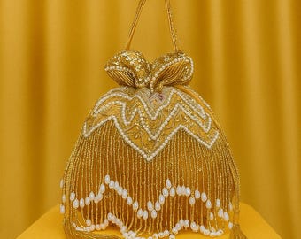 Luxury Gold Beaded Potli Bag | Bridal Wedding Clutch | Designer Ethnic Purse With Pearls