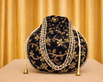Black Pearl Handle Potli Bag for Indian Weddings | Hand Embroidered Bridal Ethnic Purse