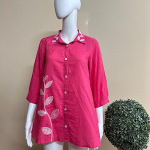 Hand made Pink Shirts, Top & Tunic For Women With Pretty Embroidery And Pure 100% Cotton Neckline Spread Collar For Relaxed Fit Shirts,