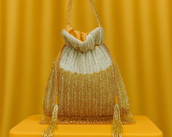 Handmade Gold Beaded Potli Bag | Bridal Wedding Clutch | Ethnic Festive Purse