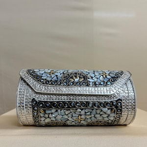 Handmade Mosaic Clutch Bag | Mother of Pearl Evening Purse | Silver Metal Designer Shoulder Bag | Bridal Wedding Party Handbag