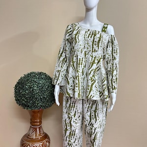 White and Green Printed Cord Set  Two Piece Outfit, Matching Top and Pants Set, Summer  Boho Casual Co-Ord, Vacation Travel Outfit for Women