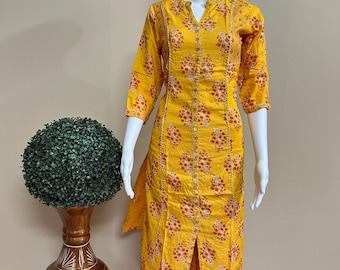 Mustard Yellow Linen Pant Kurti Set: Indian Boho Chic Outfit