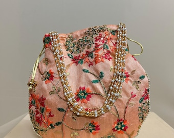 Embroidered Silk Potli Bag: Indian Wedding Clutch with Pearl Handle