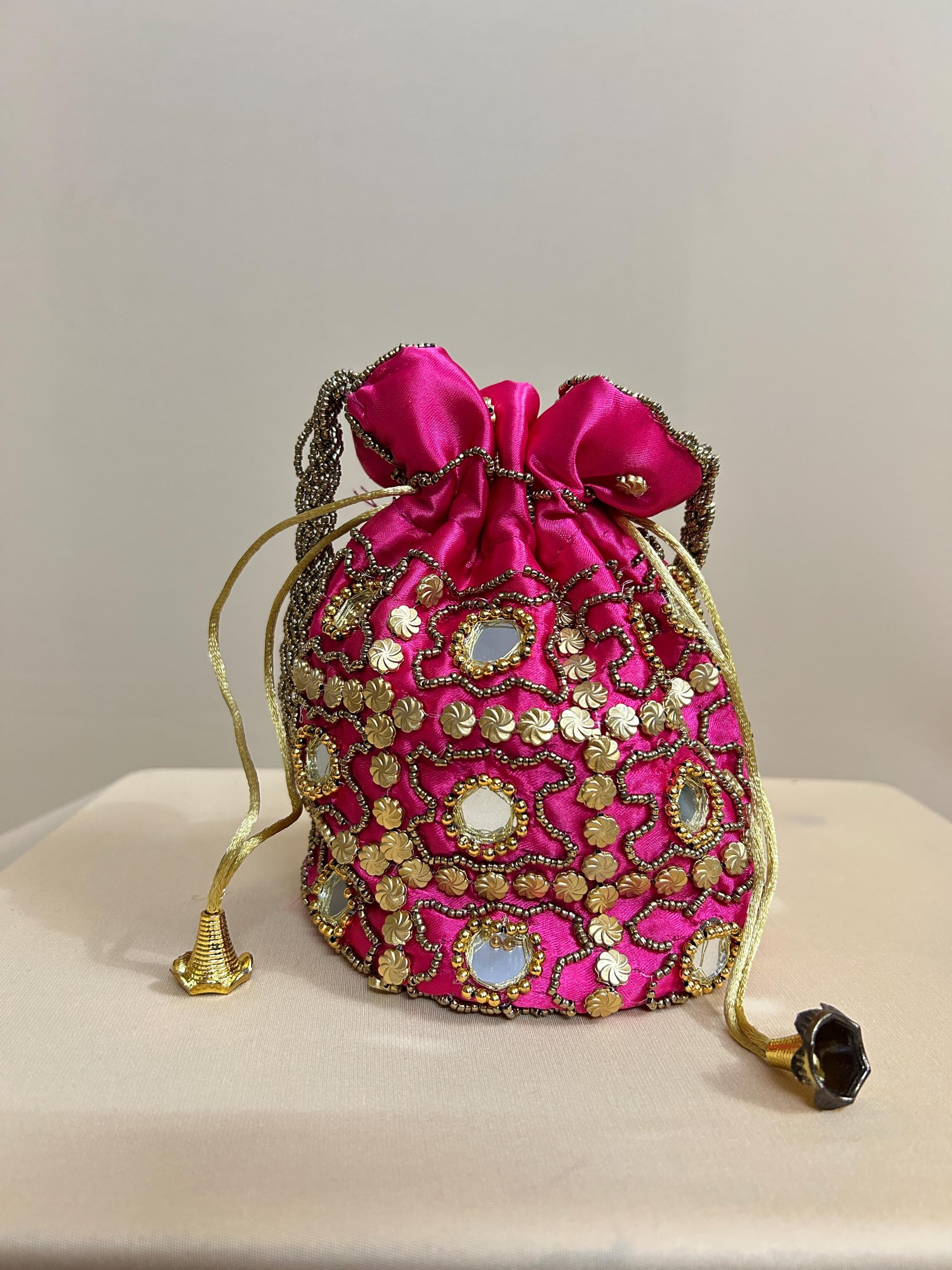 Handmade Pink Potli Bag: Mirror Work Indian Wedding Clutch