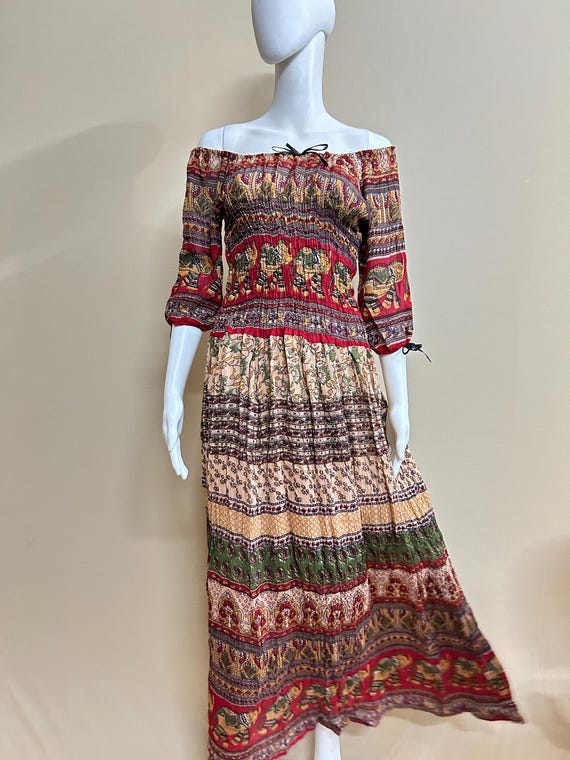 Boho Elephant Print Maxi Dress: Off-Shoulder Festival Dress