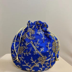 Royal Blue Embroidered Potli Bag with Pearl Handle | Indian Wedding Clutch | Bridal Drawstring Pouch | Handmade Party Favor Bag