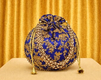 Royal Blue Embroidered Potli Bag with Pearls | Luxury Indian Bridal Wedding Ethnic Handbag