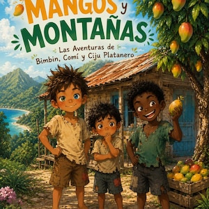 Op de afbeelding: Illustratie voor een boekomslag, "Entre Mangos y Montañas", met drie kinderen voor een huis. De afbeelding bevat tekst, mango's, bergen en een houten kist vol fruit.