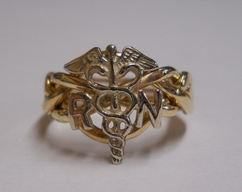 Ladies Four Band Nurse's Caduceus Sterling Silver or Gold Puzzle Ring 4RN