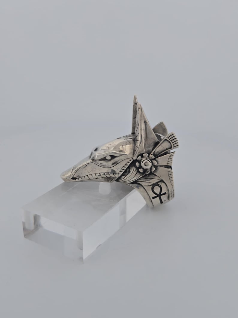 May include: Silver ring featuring an Anubis head design with intricate details. The ring also includes an ankh symbol.