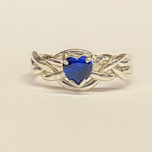 Ladies Gold or Sterling Silver 4 Band Puzzle Ring set with Synthetic Sapphire Heart 4SynSapphHrt