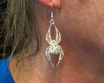 Spider Dangle Earrings in Sterling Silver, Platinum or Gold