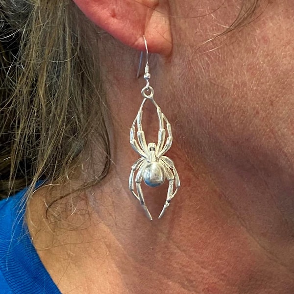 Spider Dangle Earrings in Sterling Silver, Platinum or Gold