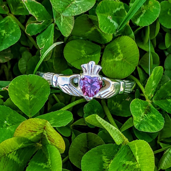 Ladies Sterling Silver or Gold Claddagh Ring set with Amethyst Heart