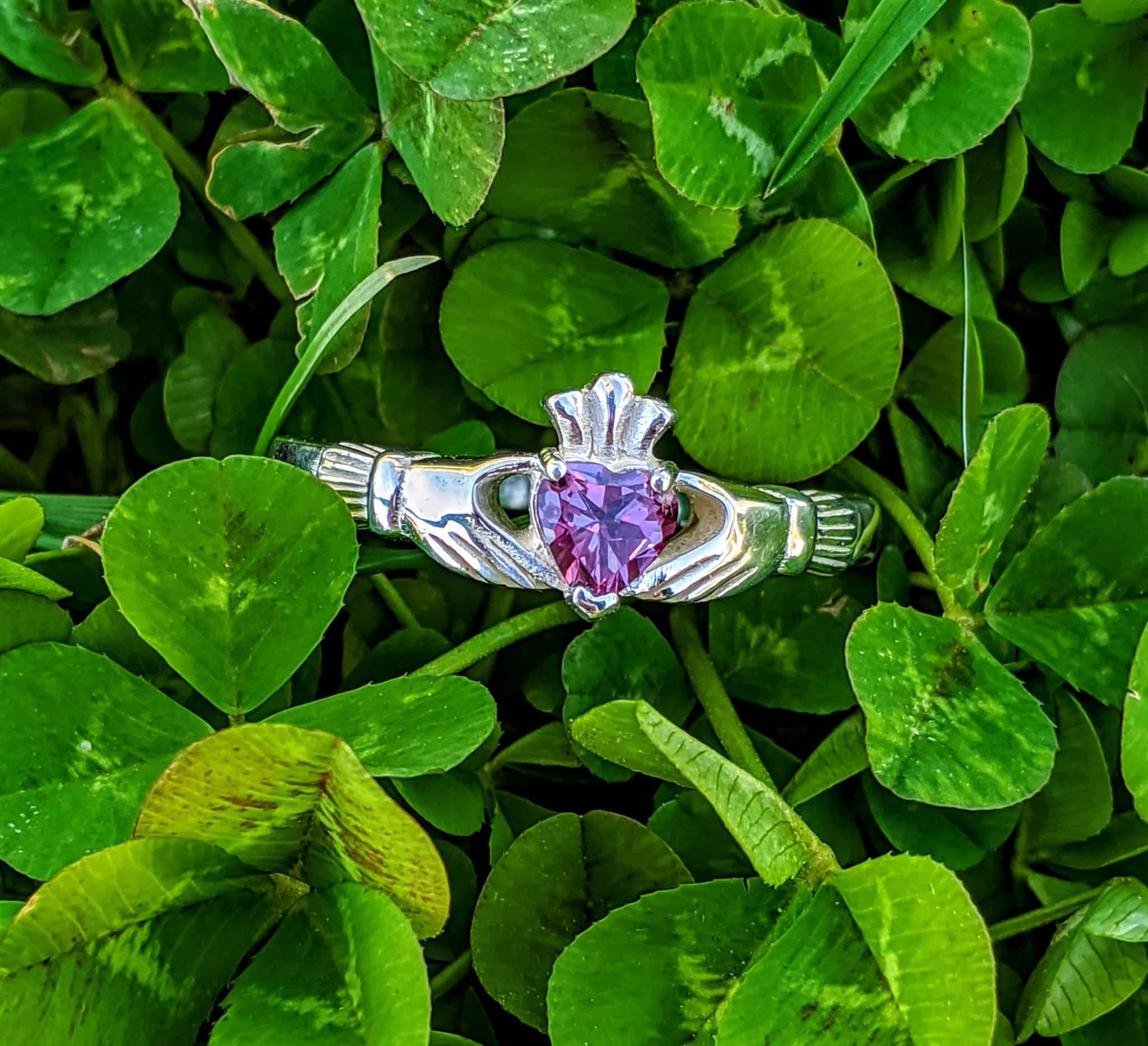 Heart Cut Simulated Amethyst Claddagh Ring - 14k Gold Over Sterling Silver, Size 6.5