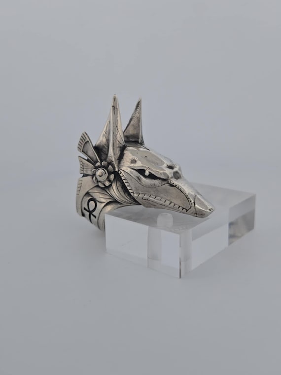 Sterling Silver Anubis Ring with Ankh Symbol