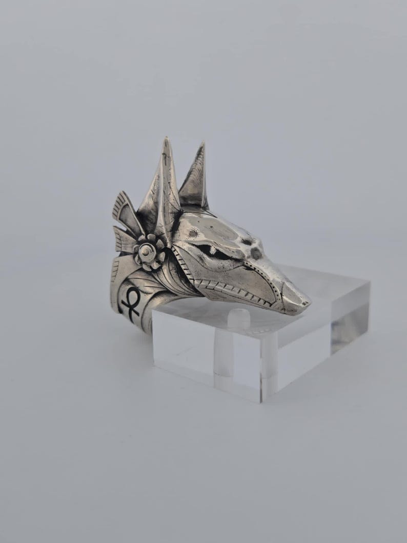 May include: Silver ring featuring a detailed Anubis head design with an ankh symbol on the side.