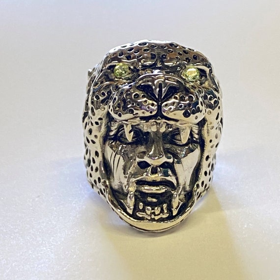 Anillo de guerrero jaguar azteca con ojos de piedra preciosa de peridoto en el jaguar Etsy Mexico