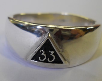 May include: A silver ring with a black triangle and the number 33 in white.