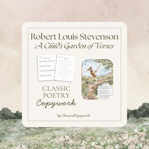 May include: A Robert Louis Stevenson A Child's Garden of Verses Classic Poetry Copywork educational set featuring two lined practice sheets with printed text and a rectangular illustration of a child on a swing in a garden setting.