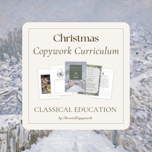 May include: A Christmas Copywork Curriculum educational set featuring multiple printed pages with text and illustrations. The central cover displays a snowy landscape, while other sheets show a poinsettia drawing and written text.