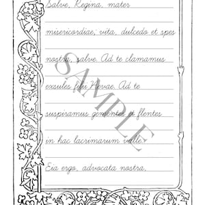 May include: A rectangular sheet of paper with a black and white floral border and horizontal lines for writing. The text 'SAMPLE' is printed diagonally across the center. The Latin text 'Salve Regina, mater misericordiae' is written in cursive.