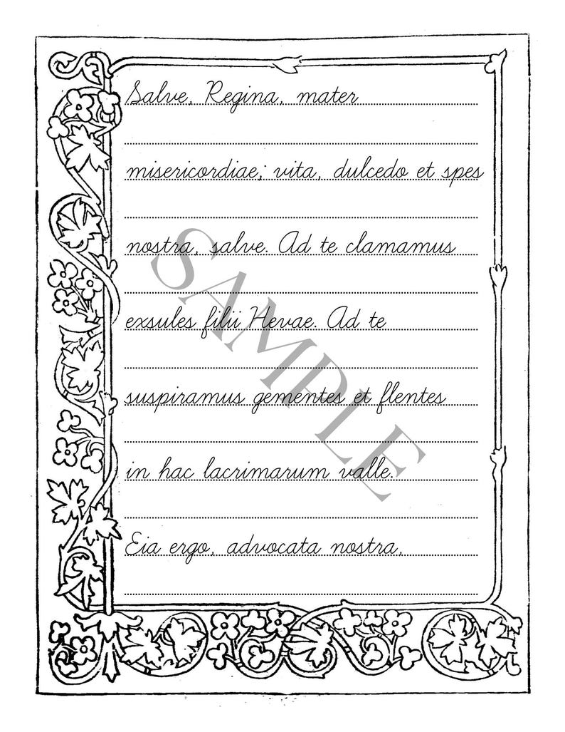 May include: A rectangular sheet of paper with a black and white floral border and horizontal lines for writing. The text 'SAMPLE' is printed diagonally across the center. The Latin text 'Salve Regina, mater misericordiae' is written in cursive.