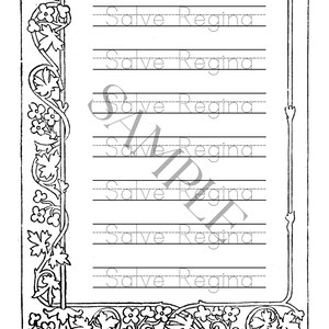 May include: A black and white printable worksheet featuring a decorative border of leaves and flowers. The page contains seven lines of text with the words Salve Regina written in a dotted font for tracing, overlaid with a large diagonal watermark.