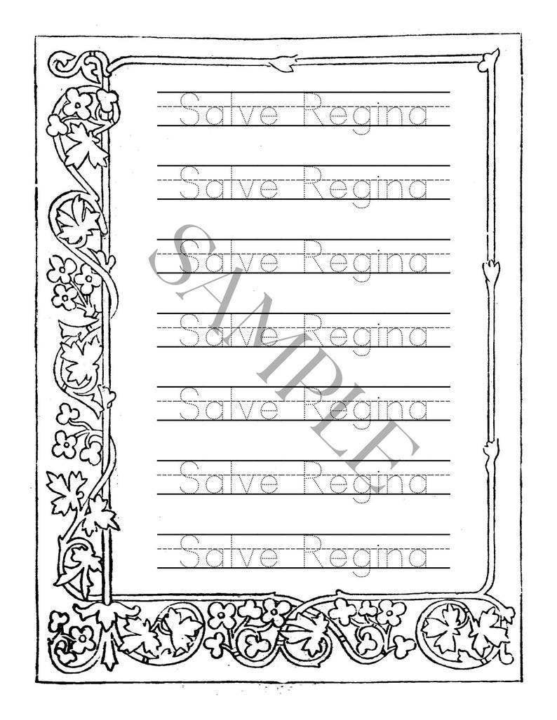 May include: A black and white printable worksheet featuring a decorative border of leaves and flowers. The page contains seven lines of text with the words Salve Regina written in a dotted font for tracing, overlaid with a large diagonal watermark.
