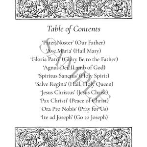 May include: A black and white printed document titled Table of Contents, featuring ornate floral scrollwork borders at the top and bottom. The text lists ten Latin phrases with English translations, including Pater Noster, Ave Maria, and Gloria Patri.