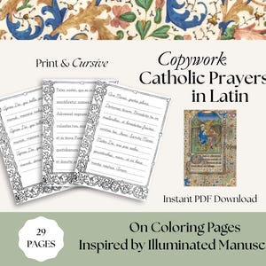 Puede incluir: Descarga digital de oraciones católicas en latín, inspirada en manuscritos iluminados. La imagen muestra tres páginas con bordes ornamentados y texto, junto con una pequeña ilustración. El texto incluye "Print & Cursive" y "On Coloring Pages".