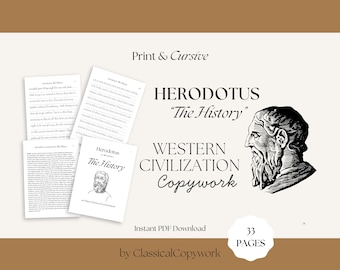 Herodotus' History Copywork | Charlotte Mason Cursive Worksheet for Student | Homeschool Classical Education | High School Class Printable