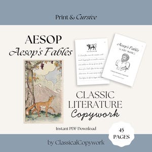 Può includere: Immagine di un'opera di copywork delle Favole di Esopo, con un'illustrazione di volpe e due pagine di esempio. Il testo include "Print & Cursive", "AESOP Aesop's Fables", "CLASSIC LITERATURE Copywork", "Instant PDF Download" e "45 PAGES".