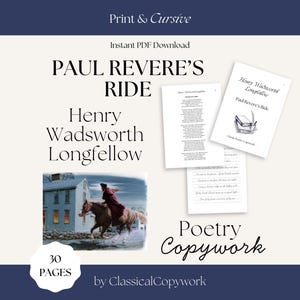 Puede incluir: Una descarga instantánea en PDF de 30 páginas titulada Paul Revere's Ride de Henry Wadsworth Longfellow. El documento presenta ejercicios de caligrafía poética, incluyendo páginas con texto impreso, líneas para practicar cursiva y una ilustración.