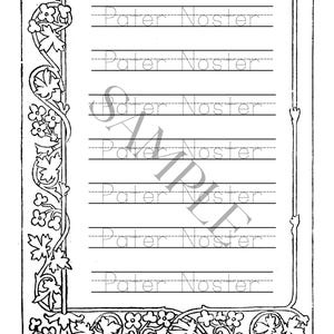 May include: A black and white printable worksheet featuring a decorative floral border on the left and bottom edges. The page contains seven lines of text with the words Pater Noster written in a dashed font for tracing, overlaid with a watermark.