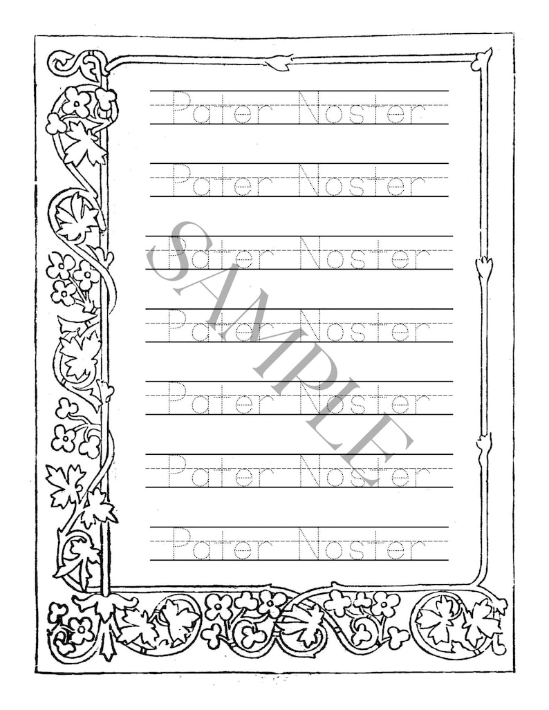 May include: A black and white printable worksheet featuring a decorative floral border on the left and bottom edges. The page contains seven lines of text with the words Pater Noster written in a dashed font for tracing, overlaid with a watermark.