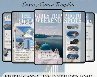 Santorini Girls Trip Itinerary Template | Greece Travel Itinerary | Animated Luxury Canva Template | Editable Travel Planner
