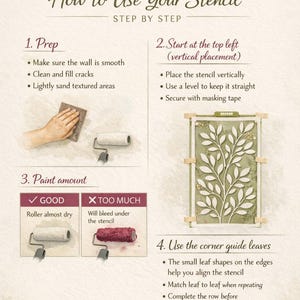 May include: Instructional graphic from La Buganvilla Studio on how to use a stencil. The step-by-step guide includes prepping the wall, stencil placement, paint amount, and using corner guide leaves. The stencil design features a leafy pattern.