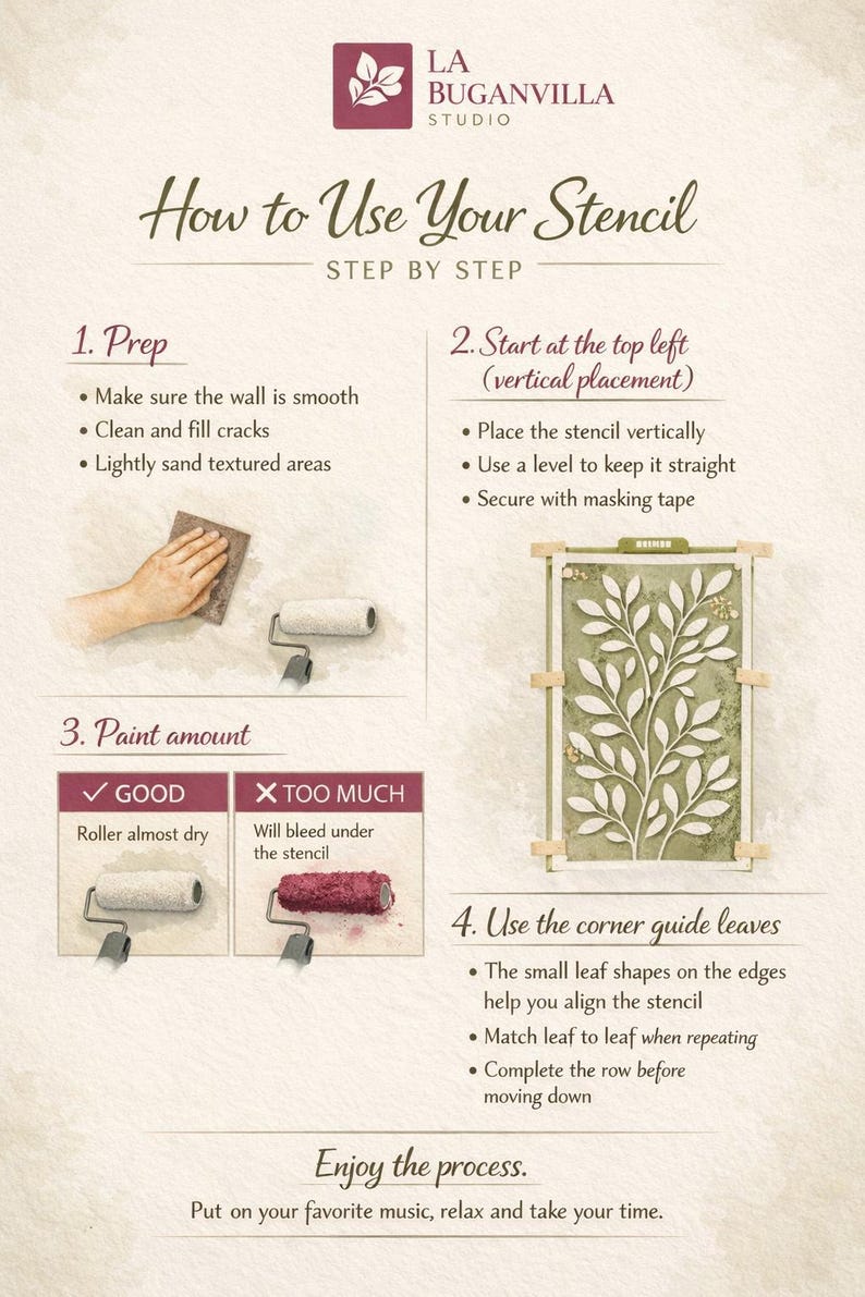 May include: Instructional graphic from La Buganvilla Studio on how to use a stencil. The step-by-step guide includes prepping the wall, stencil placement, paint amount, and using corner guide leaves. The stencil design features a leafy pattern.