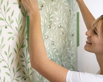 Large Olive Branch Wall Stencil for Walls – Mediterranean Botanical Wallpaper Stencil, Reusable Mylar Stencil 60×45 cm