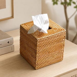 May include: A square tissue box cover crafted from woven light brown rattan material. The box features a textured, grid-like pattern throughout its exterior surfaces and has a central rectangular opening at the top with a white tissue protruding.